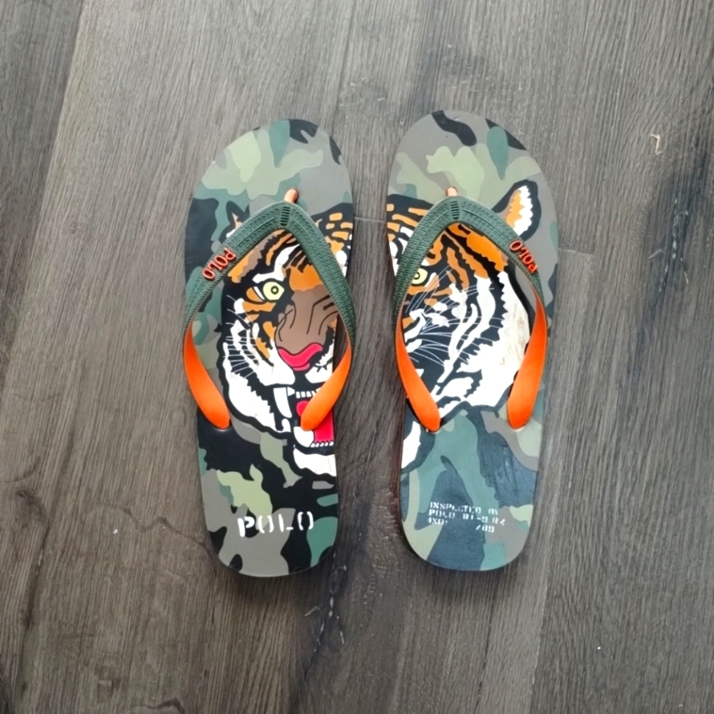 Sz 9 Polo Ralph Lauren Whitlebury II Tiger Camo Print Flip Flop Sandals 9/10